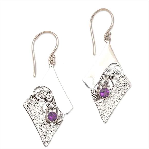Diamond-shaped Amethyst Dangle Boho Earrings - Picture 3 of 4